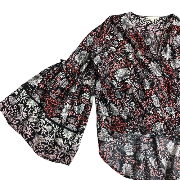 Love Stitch Top Women M Black Floral Metallic Wrap Cross Over Bell Sleeve Boho - Picture 6 of 16